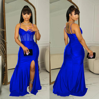 Mesh Split Sling Strap Evening Dress.