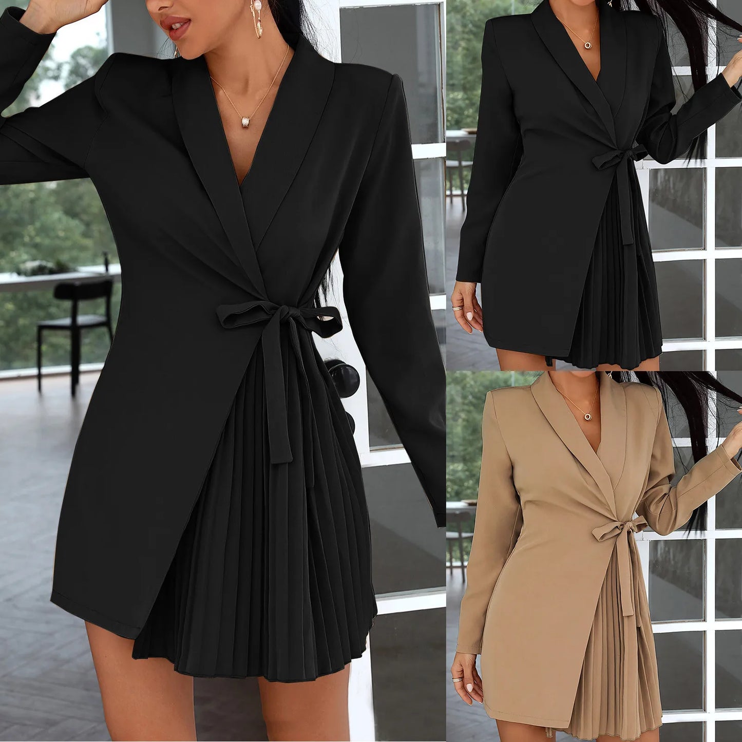 Women Long Sleeve Pleated Waist Tie Dress.