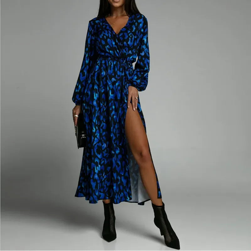 V Neck Long Sleeves Printed Sexy Split Slim Party Dress.