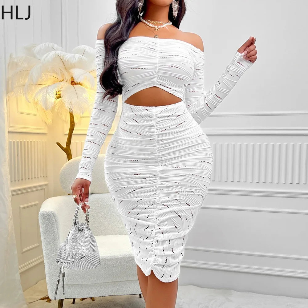 White Sexy Off Shoulder Hollow Out Knee Dress.