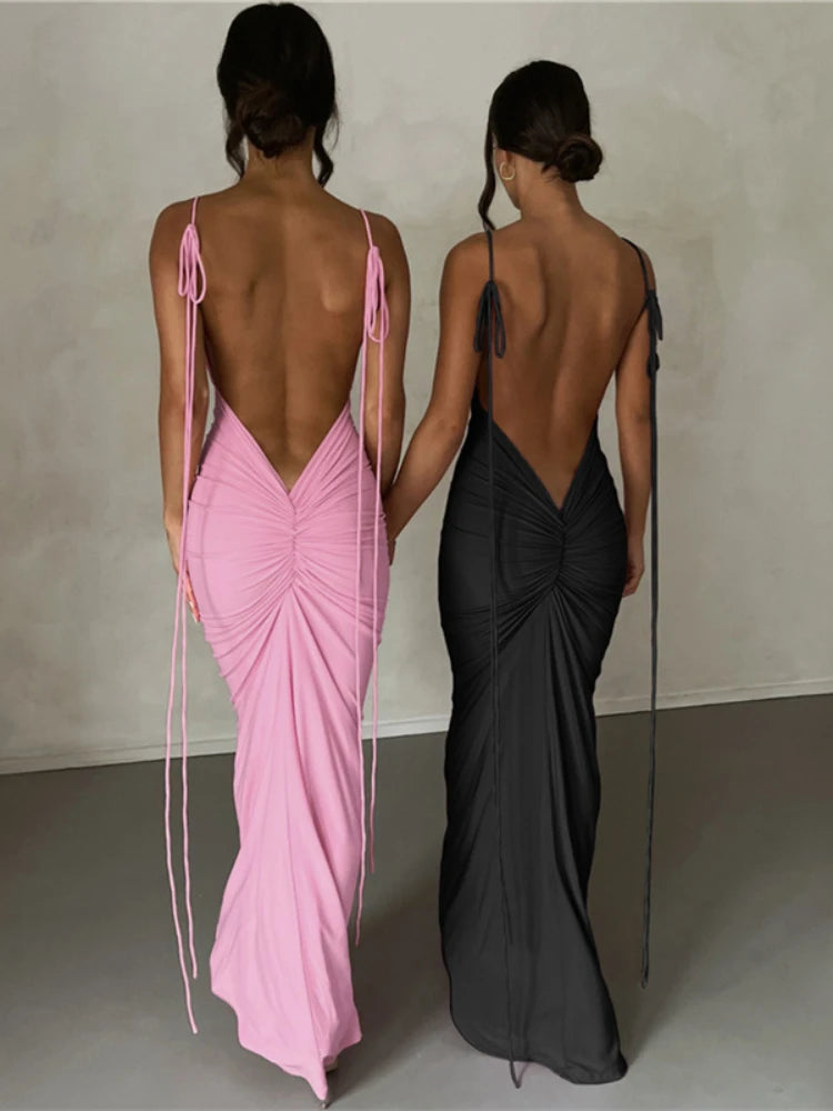 Pink Backless Spaghetti Strap Sexy Maxi Dress.