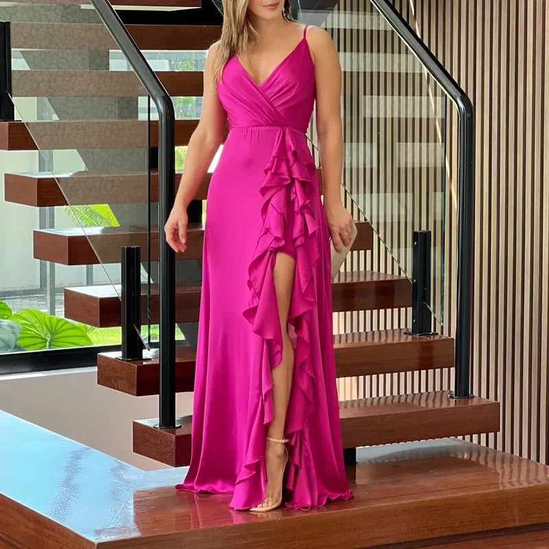 Sexy Deep V Neck Slip Fashion Ruffles Slit Maxi Dress.