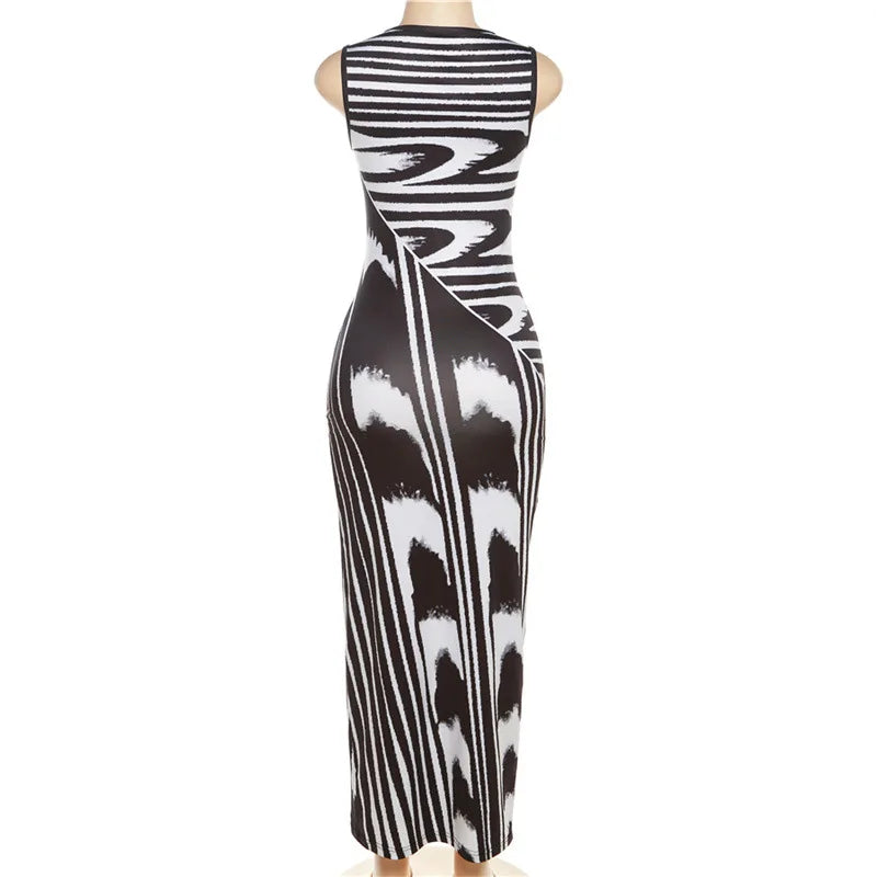 Wave Print Round Neck Sleeveless Pullover Slim Dress.