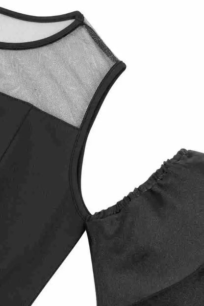 Mesh Spliced Belt Black Dress.