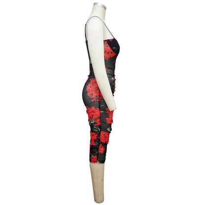 Wrapped Hip with Hanging Strap Printed Waist Wrapping Dress.