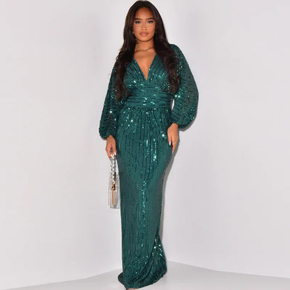 Waist Wrapped V-Neck Sequins Long Sleeve Long Dress.