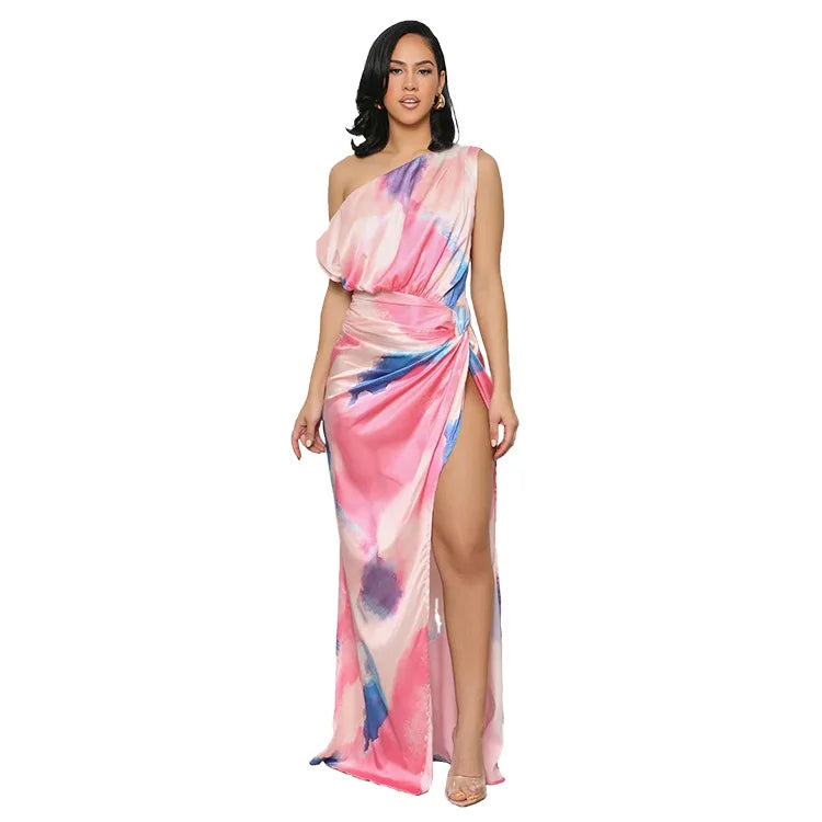 Sexy Sleeveless Slanted Shoulder Vibrant Gradient Slit Dress.