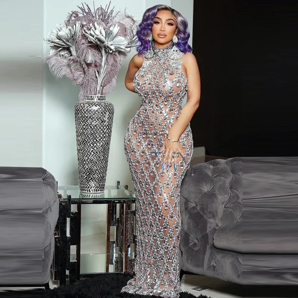 Silver Rhinestone Transparent Long Evening Dress.