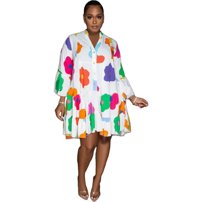 Painted Printing V-neck Long-sleeved Half-length Dress.