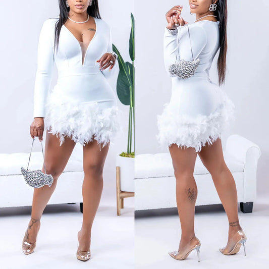 Women Sexy V Neck Long Sleeve Feather Dress.