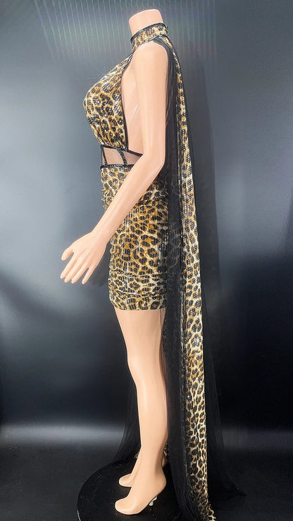 Leopard Print Tight Fitting Cape Dress.