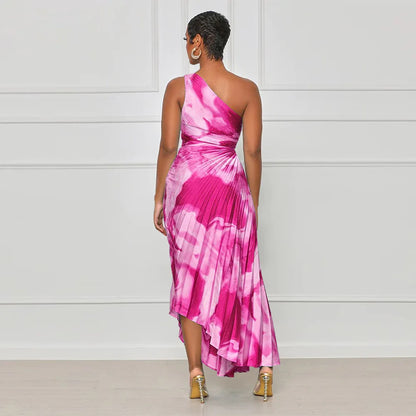 Oblique Single Shoulder Pleated Print Long Dress.