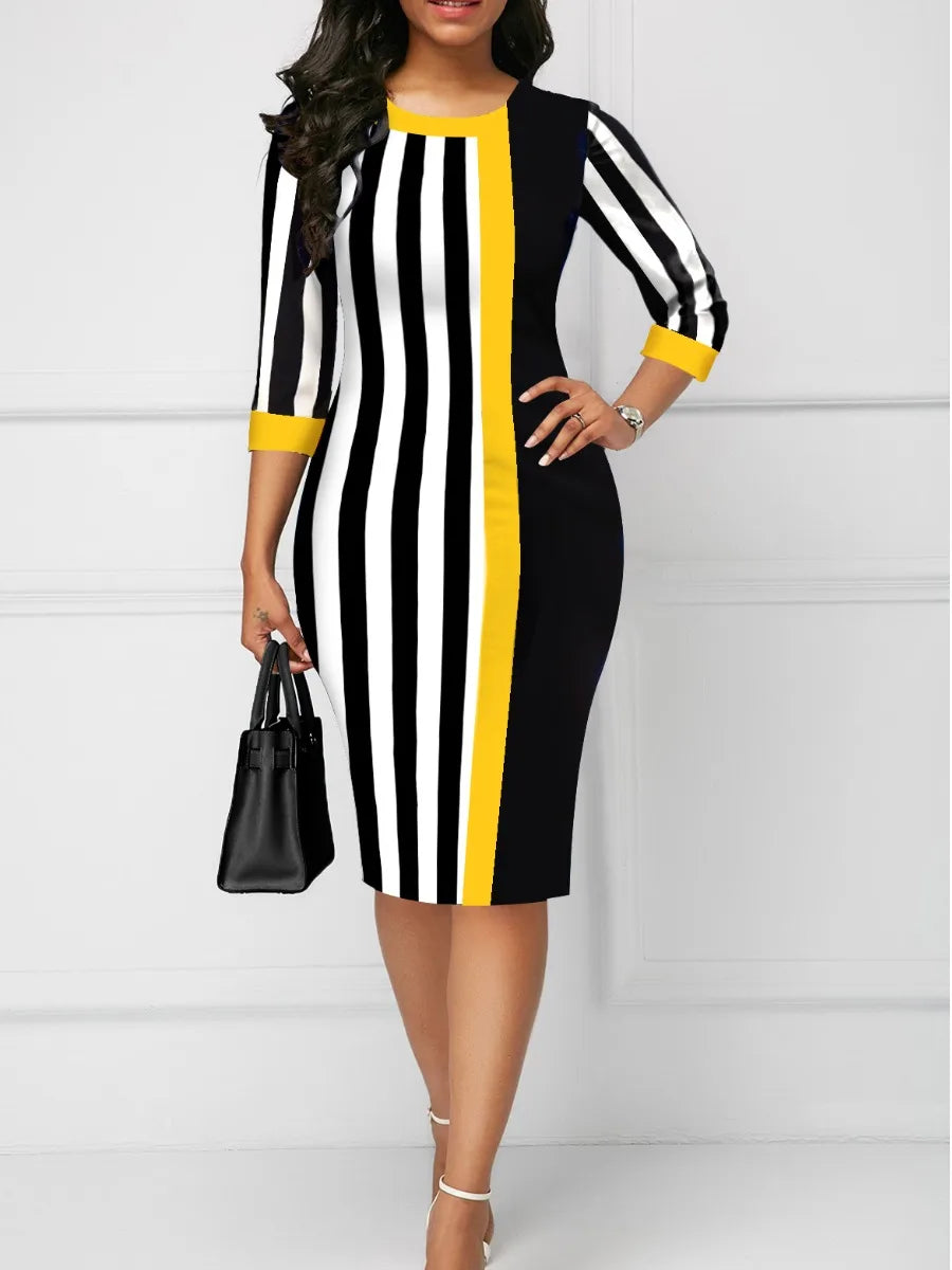 Striped Patchwork Half Sleeve Colour Contrast Dress.