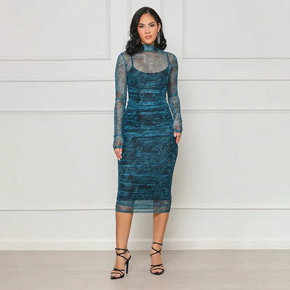 Printed Round Neck Long Sleeve Slim Fit Party Dress.