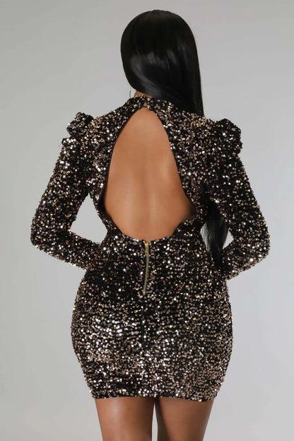 Sequins Lantern Sleeve Mini Dress.