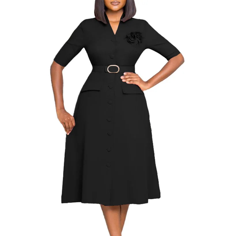 Half-sleeve Button Slim-fit Corsage A-line Dress.