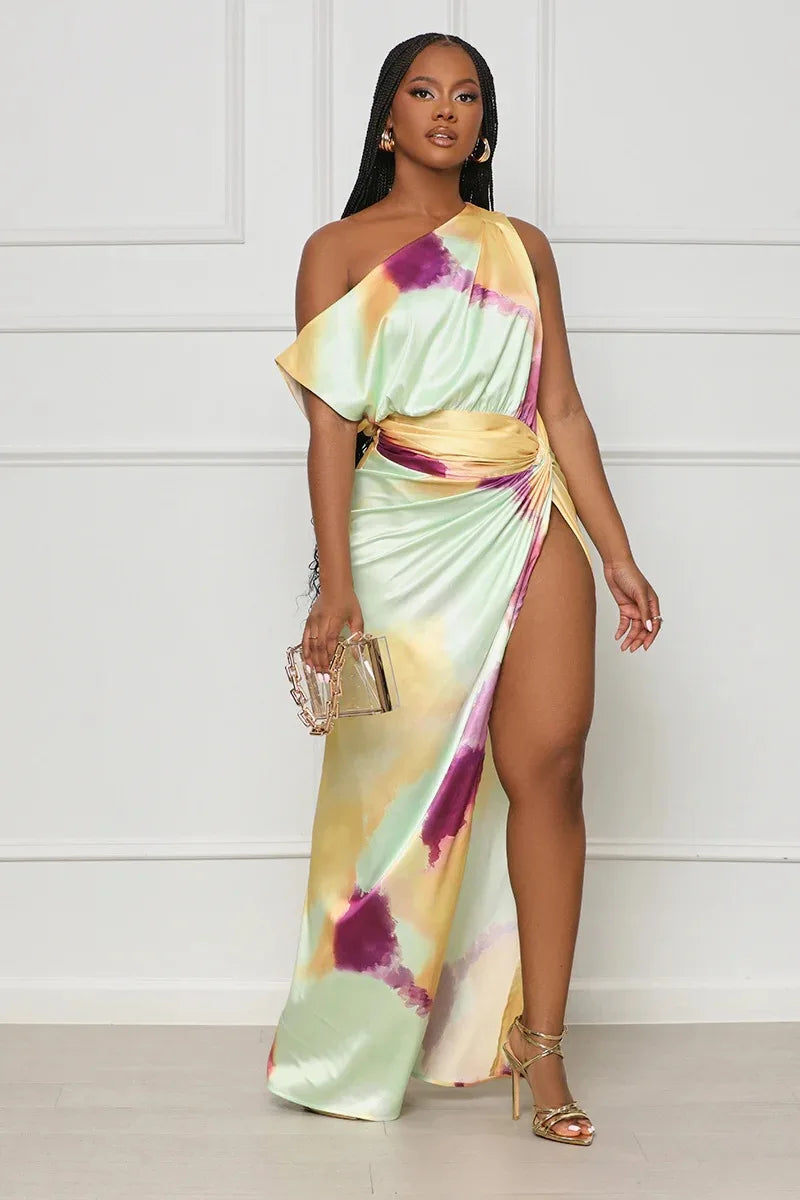 Sexy Sleeveless Slanted Shoulder Vibrant Gradient Slit Dress.