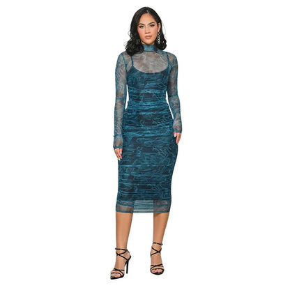 Printed Round Neck Long Sleeve Slim Fit Party Dress.