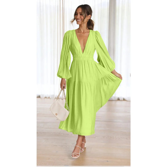 Slim Pleated V Neck Long Sleeve Dress.