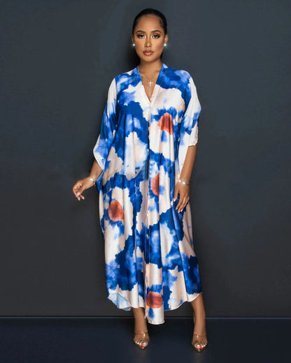 Retro Printed Button Loose Fit Long Dress.