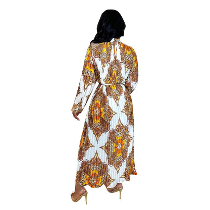 Printed Long Sleeves Pressed Pleated Dress.