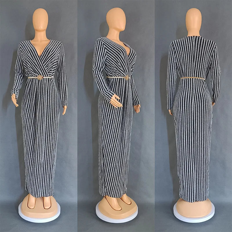 Gold and Silver Stripe Wrapped Hip Party Dress.