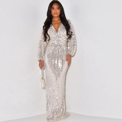 Waist Wrapped V-Neck Sequins Long Sleeve Long Dress.