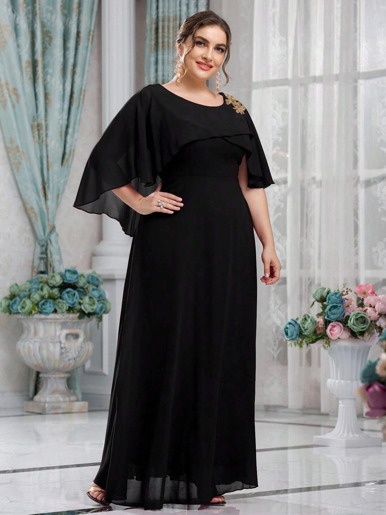 Plus Size Mesh A-Line Sequin Embroidery Evening Dress.