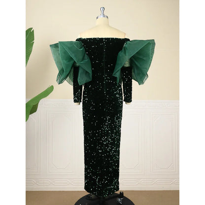 Sequins One-Shoulder Long-Sleeved Slit Dress.