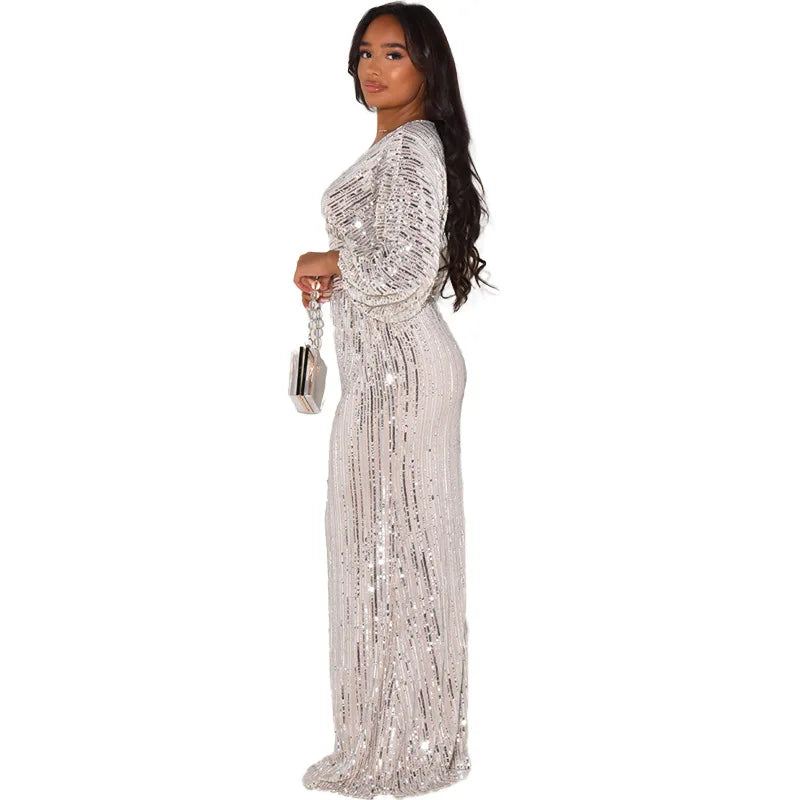 Waist Wrapped V-Neck Sequins Long Sleeve Long Dress.