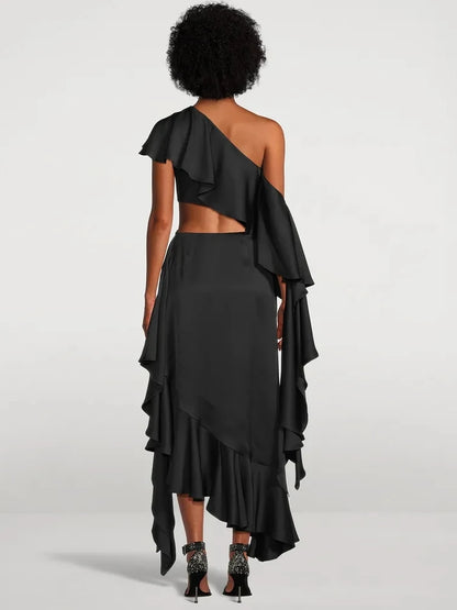 Sexy Asymmetric Ruffled Slanted Cut Out Dress.