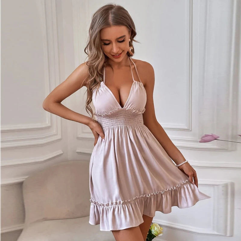 Sleeveless V Neck High Waist Mini Dress.