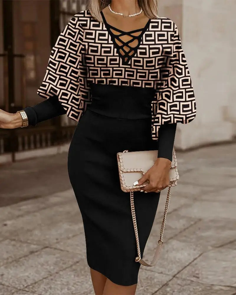 Long Sleeve V-Neck Plaid Pencil Dress