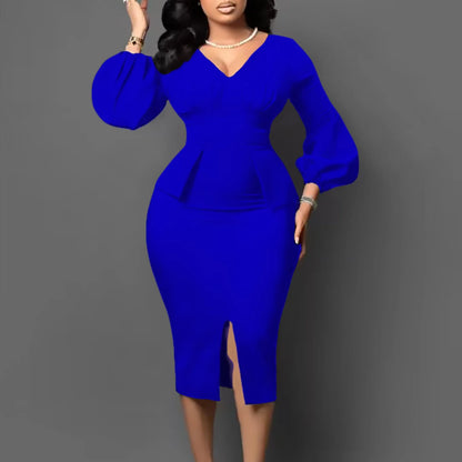 V Neck Bubble Sleeve Split Dress.