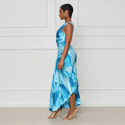 Oblique Single Shoulder Pleated Print Long Dress.