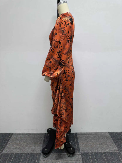 Printed Ruffle Edge Pleated Wrapped Hip Slim Fit Long Sleeve Dress.