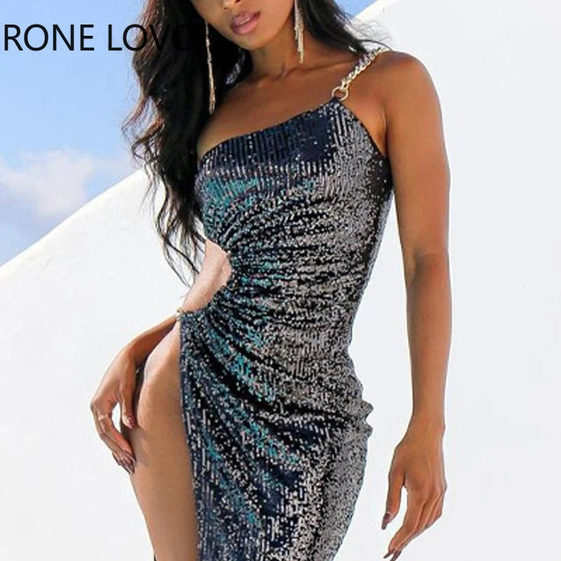 Sequined One Shoulder Chain Sleeveless Dress.