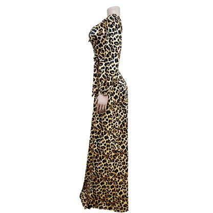 Leopard Print V Neck Wrapped Evening Dress.