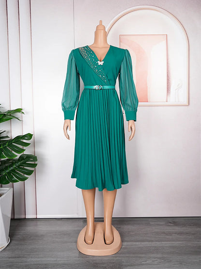 Long Sleeve V-Neck Beaded Chiffon Pleated Dress.