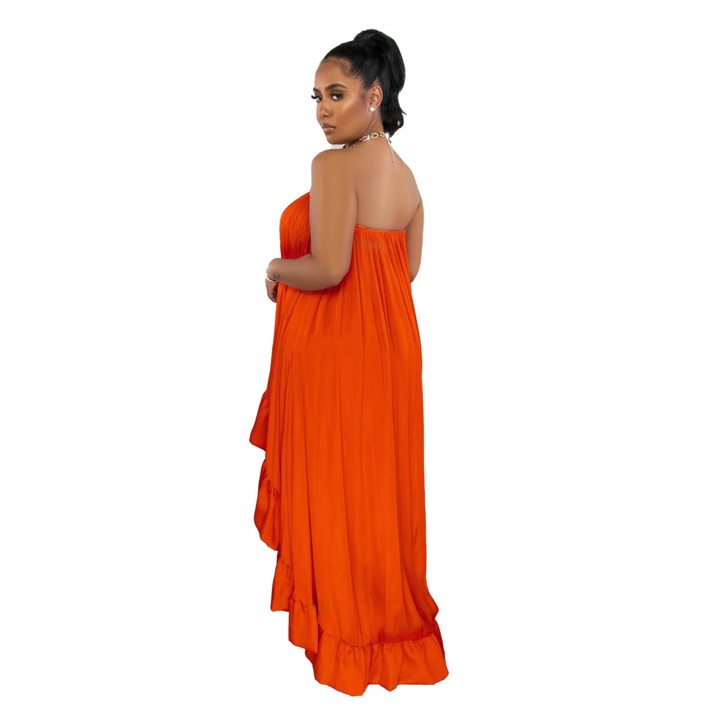 Satin Top Pressed Pleated Sleeveless Off Shoulder Evening Dress.