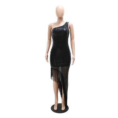 One Shoulder Party Beaded Piece Tassel Dress.