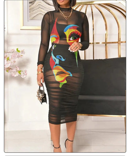 Printed Flowers Mesh Gauze Mid Length Dress.