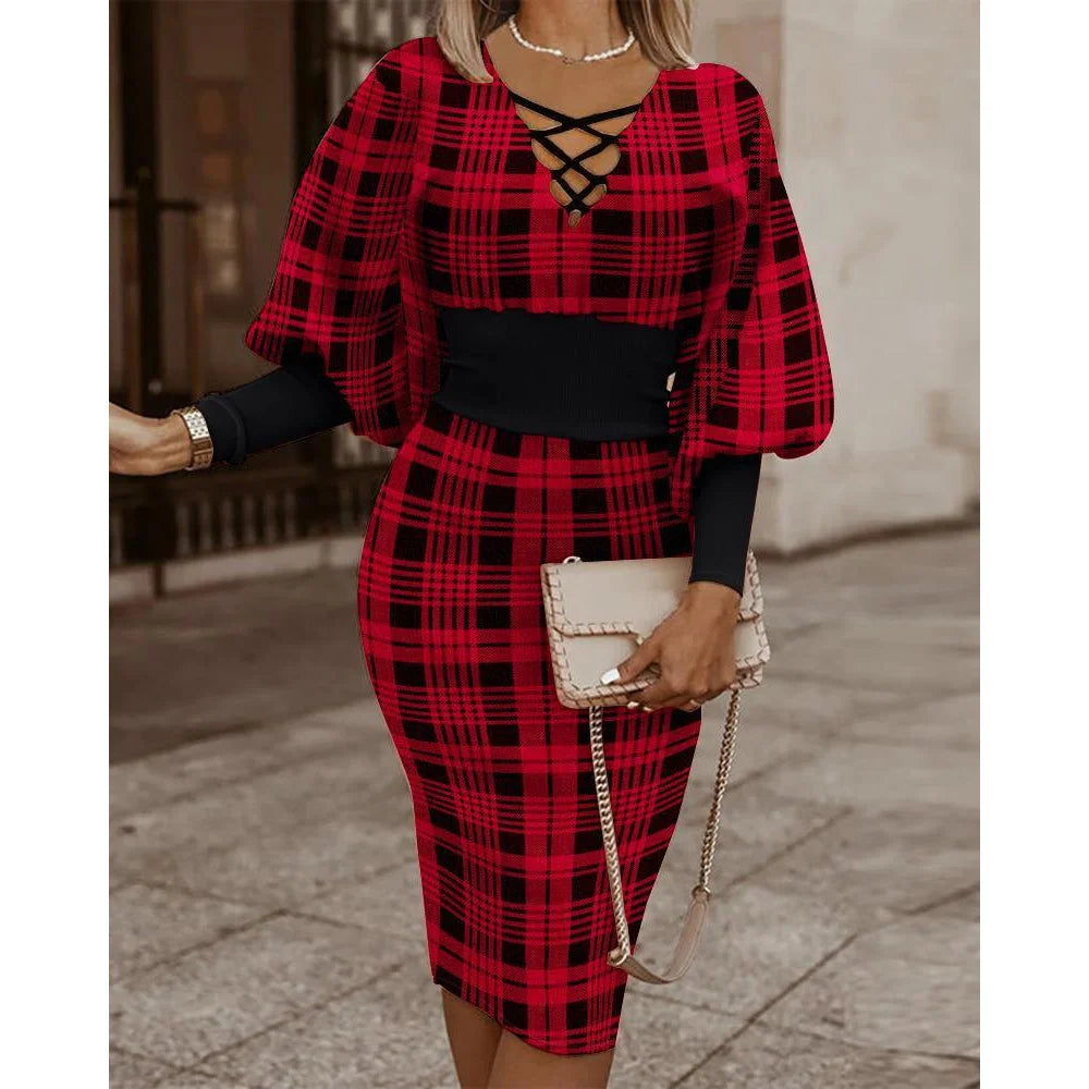 Long Sleeve V-Neck Plaid Pencil Dress