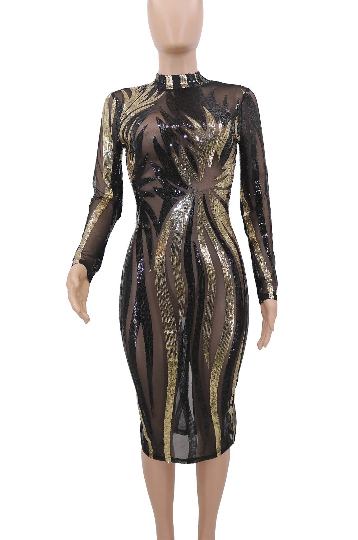 Printed Sequin Mesh Long Sleeve Wrap Hip Mini Evening Dress.