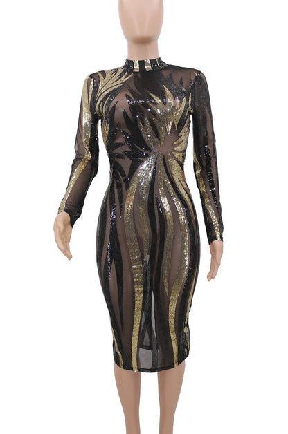 Printed Sequin Mesh Long Sleeve Wrap Hip Mini Evening Dress.