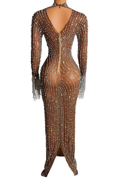 Rhinestones pearls Mesh Dress.