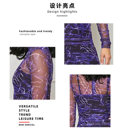 Printed Round Neck Long Sleeve Slim Fit Party Dress.