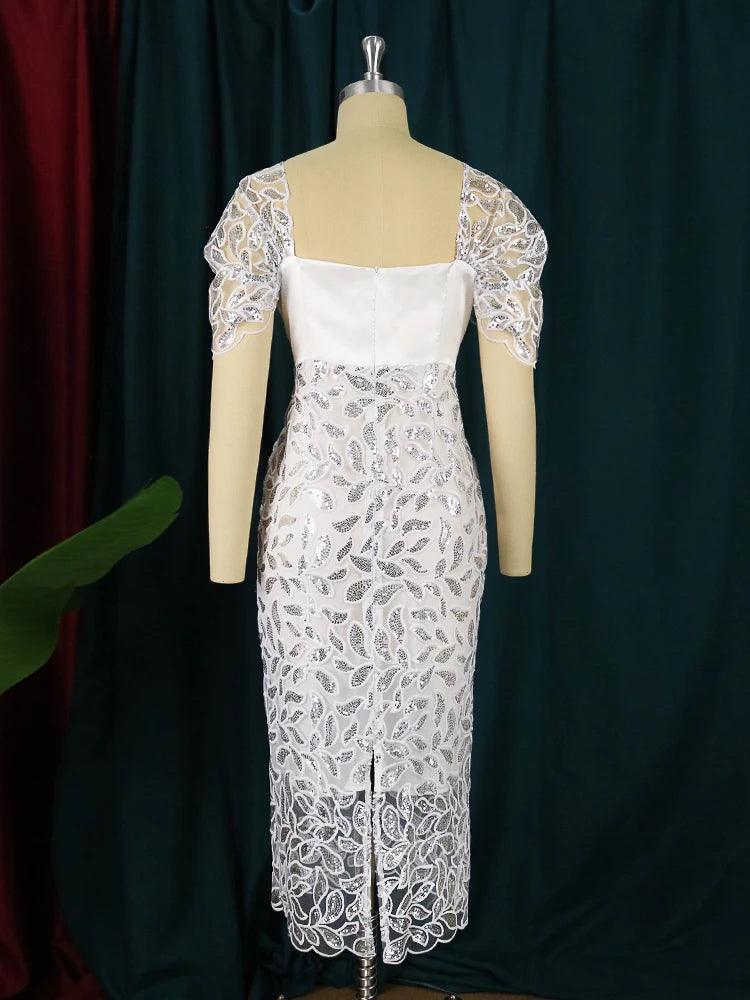 White Sequin Square Neck Backless Lace Tulle Midi Dress. - Missheko