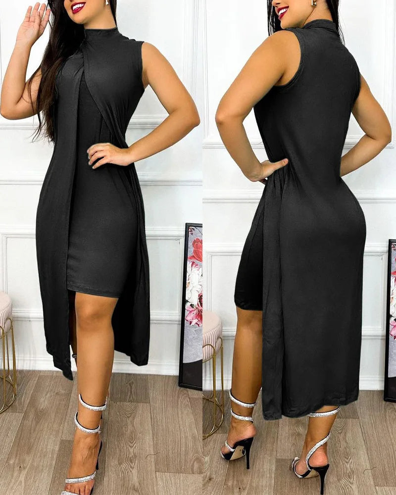 Sleeveless Irregular Round Neck Sleeveless Split Dress.