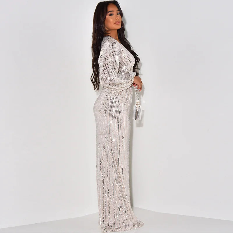 Waist Wrapped V-Neck Sequins Long Sleeve Long Dress.